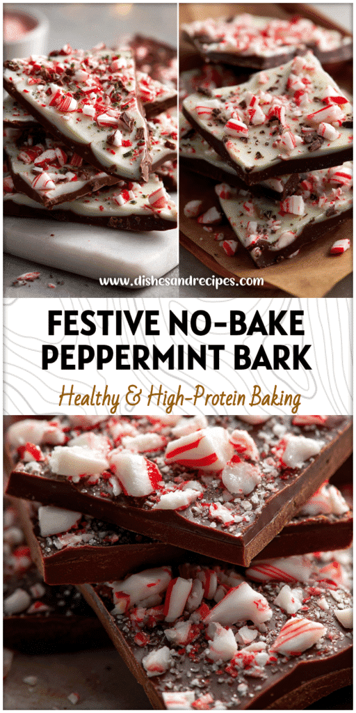 A tray of no-bake chocolate peppermint protein bark topped with crushed candy canes for a festive holiday look.